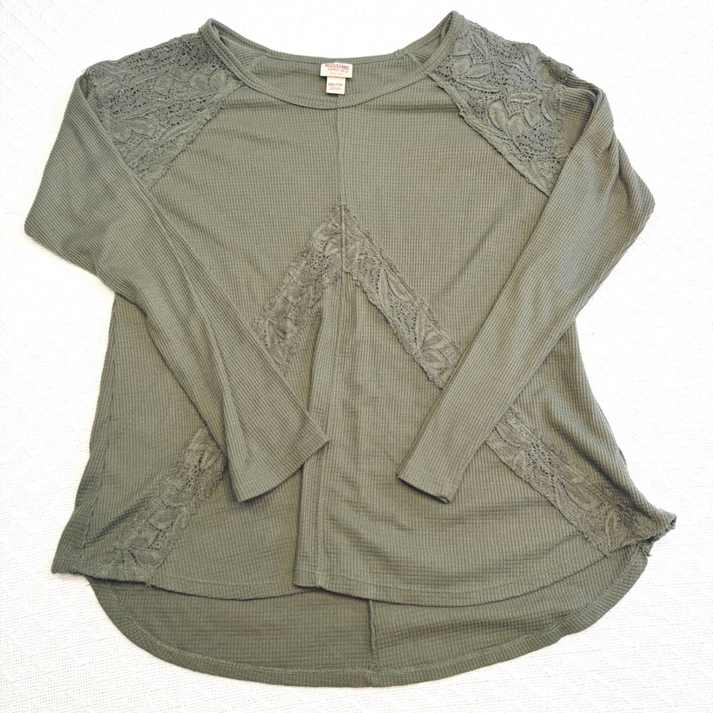 Mossimo Supply Co Womens XXL Olive Waffle Knit Lace Thermal Top Long Sleeve